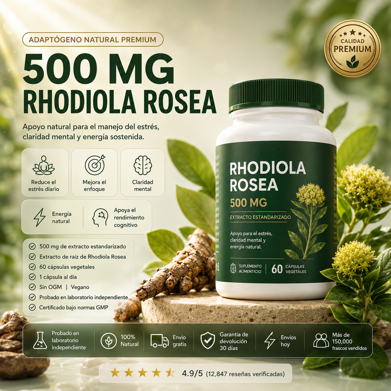 Rhodiola Rosea 500mg — Claridad Mental y Energía Natural (60 cápsulas)